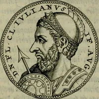 An illustration from De vita et moribus imperatorum Romanorum: excerpta ex libris Sexti Aurelii Victoris, à Caesare Augusto usque ad Theodosium imperatorem. Andreas Schottus compositis tribus M.SS. cum Vett. vulgatis emendabat; scholiis & veris iconibus ex antiquis numismatis delineatis illustrabat. Quibus accesserunt & Eliae Vineti notae (1669)