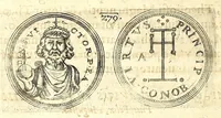 An illustration from De vitis imperatorum et caesarum romanorum : tam occidentalium quam orientalium, nec non vxorum et liberorum eorum, item tyrannorum omnium ... : inde à C. Julio Caesare, primo monarcha, vsque ad D.N. Imperatorem Caesarem Matthiam : vnà cum eorum effigiebus & symbolis ... (1615)