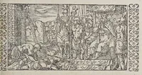 An illustration from De wonderlijcke ende warachtighe historie vant coninckrijck van Peru, : geleghen in Indien, inde welcke verhaelt wordt de gheleghentheydt, costuymen, manieren van leuen, oueruloedicheyt des goudts eñ siluers, ende voort alle de sonderlingste dinghen vanden seluen lande, insghelijckx vanden steden, plaetsen, ende inwoonders desselfs conincrijckx, daer beneuen hoet gheuonden ende eerst by de Keyserlijcke Maiest. hoochloflijcker memorien gheconquesteert ende vercreghen is, met alle de oorlogen eñ strijden die ghebeurt zijn, soo teghens d'Indianen als oock onder den Spaengaerts om tgouuernement deen teghens den anderen. Verciert met veel schoone figuren (1563)