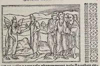 An illustration from De wonderlijcke ende warachtighe historie vant coninckrijck van Peru, : geleghen in Indien, inde welcke verhaelt wordt de gheleghentheydt, costuymen, manieren van leuen, oueruloedicheyt des goudts eñ siluers, ende voort alle de sonderlingste dinghen vanden seluen lande, insghelijckx vanden steden, plaetsen, ende inwoonders desselfs conincrijckx, daer beneuen hoet gheuonden ende eerst by de Keyserlijcke Maiest. hoochloflijcker memorien gheconquesteert ende vercreghen is, met alle de oorlogen eñ strijden die ghebeurt zijn, soo teghens d'Indianen als oock onder den Spaengaerts om tgouuernement deen teghens den anderen. Verciert met veel schoone figuren (1563)