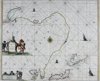An illustration from De zee-atlas ofte water-wereld : waer in vertoont werden alle de zee-kusten van het bekende des aerd-bodems : seer dienstigh voor alle heeren en kooplieden, als oock voor alle schippers en stuurlieden (1672)