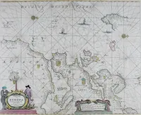 An illustration from De zee-atlas ofte water-wereld : waer in vertoont werden alle de zee-kusten van het bekende des aerd-bodems : seer dienstigh voor alle heeren en kooplieden, als oock voor alle schippers en stuurlieden (1672)