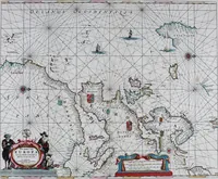 An illustration from De zee-atlas of Water-waerelt, vertoonende alle de zee-kusten van het bekende des aerd-bodems, met een generale beschrijvinge van dien : seer dienstigh voor schippers en stuurlieden, mitsgaders koop-lieden om op 't kantoor gebruyckt te worden : Nieuwelijcks aldus uytgegeven (1665)