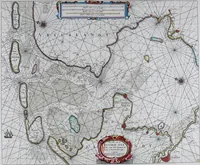 An illustration from De zee-atlas of Water-waerelt, vertoonende alle de zee-kusten van het bekende des aerd-bodems, met een generale beschrijvinge van dien : seer dienstigh voor schippers en stuurlieden, mitsgaders koop-lieden om op 't kantoor gebruyckt te worden : Nieuwelijcks aldus uytgegeven (1665)
