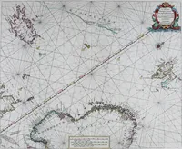 An illustration from De zee-atlas of Water-waerelt, vertoonende alle de zee-kusten van het bekende des aerd-bodems, met een generale beschrijvinge van dien : seer dienstigh voor schippers en stuurlieden, mitsgaders koop-lieden om op 't kantoor gebruyckt te worden : Nieuwelijcks aldus uytgegeven (1665)