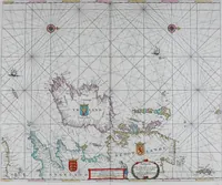 An illustration from De zee-atlas of Water-waerelt, vertoonende alle de zee-kusten van het bekende des aerd-bodems, met een generale beschrijvinge van dien : seer dienstigh voor schippers en stuurlieden, mitsgaders koop-lieden om op 't kantoor gebruyckt te worden : Nieuwelijcks aldus uytgegeven (1665)