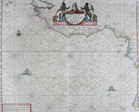 An illustration from De zee-atlas of Water-waerelt, vertoonende alle de zee-kusten van het bekende des aerd-bodems, met een generale beschrijvinge van dien : seer dienstigh voor schippers en stuurlieden, mitsgaders koop-lieden om op 't kantoor gebruyckt te worden : Nieuwelijcks aldus uytgegeven (1665)