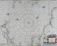 An illustration from De zee-atlas of Water-waerelt, vertoonende alle de zee-kusten van het bekende des aerd-bodems, met een generale beschrijvinge van dien : seer dienstigh voor schippers en stuurlieden, mitsgaders koop-lieden om op 't kantoor gebruyckt te worden : Nieuwelijcks aldus uytgegeven (1665)