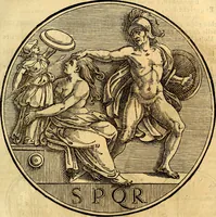An illustration from Dialoghi di don Antonio Agostini archivescovo di Taracona, intorno alle medaglie, inscrittioni, & altre antichità (1625)