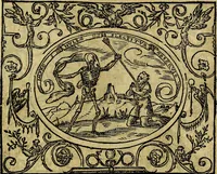 An illustration from Dialogo de las empresas militares, y amorosas, compuesto en lengua italiana, por el illvstre, y reverendissimo señor Paulo Iouio obispo de Nucera . En el qval se tracta de las devisas, armas, motes, o blasones de linages. Con vn razonemiento a esse proposito, del magnifico señot Ludouico Domeniqui. Todo nueuamente traduzido en romance castellano, por Alonso de Vlloa. Anadimos a esto las empresas heroicas, y morales, del señor Gabriel Symeon (1561)