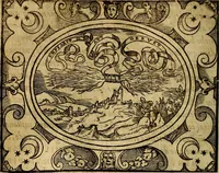 An illustration from Dialogo de las empresas militares, y amorosas, compuesto en lengua italiana, por el illvstre, y reverendissimo señor Paulo Iouio obispo de Nucera . En el qval se tracta de las devisas, armas, motes, o blasones de linages. Con vn razonemiento a esse proposito, del magnifico señot Ludouico Domeniqui. Todo nueuamente traduzido en romance castellano, por Alonso de Vlloa. Anadimos a esto las empresas heroicas, y morales, del señor Gabriel Symeon (1561)