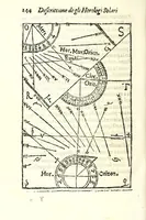 Picture 23 of 28 from Dialogo della descrittione teorica et pratica de gli horologi solari, di Gio: Batt. Vimercato milanese : nella prima parte del quale si dimostrano le vere ragioni di fabricar gli horologi solari à qualunque altezza di polo si voglia, con l'hore comuni & peregrine, cioè l'astronomiche dal mezo giorno, le italiane dal tramontar del sole, le boemiche dal leuar del sole, & l'antiche dette planetarie : co i segni celesti & mesi dell'anno, per ragione speculatiua & del compasso : et nella seconda in qual modo per nuoua pratica si possano sopra di essa speculatiua cauar le sudette ragioni, cõ l'ombre de gli stili da i raggi del sole fatte per qual si voglia superficie retta ò piana, sì mobile quanto immobile, con gran prestezza & facilità, che sarãno giuste, vere & probabili : con dve tavole, vna de capitoli, l'altra delle cose piv notabili (1565), leaf 150