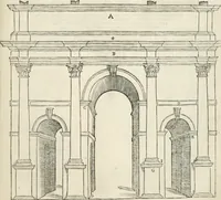 An illustration from Die alder vermaertste antique edificien : vã temple, theatre, amphitheatre, paleisen, therme, obeliske, brugge, archetriuphal, etc. vescreueeñ gefigureert met haren grondede eñ mate oock de plaetsen daerse staen, eñ wiese dede make (1546)