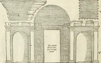 An illustration from Die alder vermaertste antique edificien : vã temple, theatre, amphitheatre, paleisen, therme, obeliske, brugge, archetriuphal, etc. vescreueeñ gefigureert met haren grondede eñ mate oock de plaetsen daerse staen, eñ wiese dede make (1546)