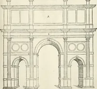 An illustration from Die alder vermaertste antique edificien : vã temple, theatre, amphitheatre, paleisen, therme, obeliske, brugge, archetriuphal, etc. vescreueeñ gefigureert met haren grondede eñ mate oock de plaetsen daerse staen, eñ wiese dede make (1546)