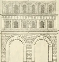 An illustration from Die alder vermaertste antique edificien : vã temple, theatre, amphitheatre, paleisen, therme, obeliske, brugge, archetriuphal, etc. vescreueeñ gefigureert met haren grondede eñ mate oock de plaetsen daerse staen, eñ wiese dede make (1546)