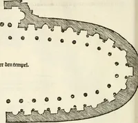 An illustration from Die alder vermaertste antique edificien : vã temple, theatre, amphitheatre, paleisen, therme, obeliske, brugge, archetriuphal, etc. vescreueeñ gefigureert met haren grondede eñ mate oock de plaetsen daerse staen, eñ wiese dede make (1546)
