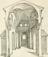 An illustration from Die alder vermaertste antique edificien : vã temple, theatre, amphitheatre, paleisen, therme, obeliske, brugge, archetriuphal, etc. vescreueeñ gefigureert met haren grondede eñ mate oock de plaetsen daerse staen, eñ wiese dede make (1546)