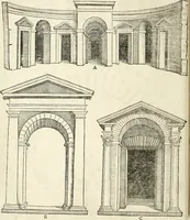 An illustration from Die alder vermaertste antique edificien : vã temple, theatre, amphitheatre, paleisen, therme, obeliske, brugge, archetriuphal, etc. vescreueeñ gefigureert met haren grondede eñ mate oock de plaetsen daerse staen, eñ wiese dede make (1546)