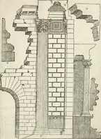 An illustration from Die alder vermaertste antique edificien : vã temple, theatre, amphitheatre, paleisen, therme, obeliske, brugge, archetriuphal, etc. vescreueeñ gefigureert met haren grondede eñ mate oock de plaetsen daerse staen, eñ wiese dede make (1546)