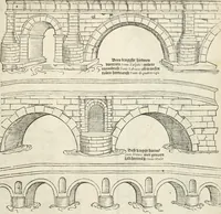 An illustration from Die alder vermaertste antique edificien : vã temple, theatre, amphitheatre, paleisen, therme, obeliske, brugge, archetriuphal, etc. vescreueeñ gefigureert met haren grondede eñ mate oock de plaetsen daerse staen, eñ wiese dede make (1546)