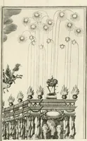 An illustration from Die Fackel des Prometheus : künstliches Lust-Feuer, als beede kayserliche Mayestätten Leopold und Eleonora Magdalena Theresia, nach dero zu Passau gehaltenem hochzeitlichen Beylager zu Wienn eingezogen, vor dem Burg-Thor gehalten (1677)