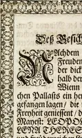 An illustration from Die Fackel des Prometheus : künstliches Lust-Feuer, als beede kayserliche Mayestätten Leopold und Eleonora Magdalena Theresia, nach dero zu Passau gehaltenem hochzeitlichen Beylager zu Wienn eingezogen, vor dem Burg-Thor gehalten (1677)