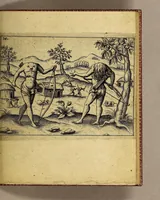 An illustration from Die fünffte kurtze wunderbare Beschreibung, dess Goldreichen Königreichs Guianae in America oder neuen Welt, vnter der Linea Aequinoctiali gelegen: so neulich Anno 1594. 1595. vnd 1596. von dem wolgebornen Herrn, Herrn Walthero Ralegh einem englischen Ritter, besucht worden: : erstlich auss befehl seiner Gnaden in zweyen Büchlein beschrieben, darauss Jodocus Hondius, ein schöne Land Tafel, mit einer niderländischen Erklärung gemacht. Jetzt aber ins Hochteutsch gebracht, vnd auss vnterschiedlichen Authoribus erkläret (1603)