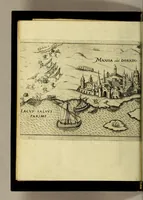 An illustration from Die fünffte kurtze wunderbare Beschreibung, dess Goldreichen Königreichs Guianae in America oder newen Welt, vnter der Linea Aequinoctiali gelegen: so neulich Anno 1594. 1595. vnd 1596. von dem wolgebornen Herrn, Herrn Walthero Ralegh einem englischen Ritter, besucht worden: : erstlich auss befehl seiner Gnaden in zweyen Büchlein beschrieben, darauss Jodocus Hondius, eine schöne Landt Tafel, mit einer niderländischen Erklärung gemacht. Jetzt aber ins Hochteutsch gebracht, vnd auss vnterschiedlichen Authoribus erkläret (1612)