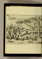 An illustration from Die fünffte kurtze wunderbare Beschreibung, dess Goldreichen Königreichs Guianae in America oder newen Welt, vnter der Linea Aequinoctiali gelegen: so neulich Anno 1594. 1595. vnd 1596. von dem wolgebornen Herrn, Herrn Walthero Ralegh einem englischen Ritter, besucht worden: : erstlich auss befehl seiner Gnaden in zweyen Büchlein beschrieben, darauss Jodocus Hondius, eine schöne Landt Tafel, mit einer niderländischen Erklärung gemacht. Jetzt aber ins Hochteutsch gebracht, vnd auss vnterschiedlichen Authoribus erkläret (1612)