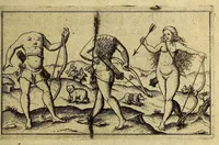 An illustration from Die fünffte kurtze wunderbare Beschreibung, dess Goldreichen Königreichs Guianae in America oder newen Welt, vnter der Linea Aequinoctiali gelegen: so neulich Anno 1594. 1595. vnd 1596. von dem wolgebornen Herrn, Herrn Walthero Ralegh einem englischen Ritter, besucht worden: : erstlich auss befehl seiner Gnaden in zweyen Büchlein beschrieben, darauss Jodocus Hondius, eine schöne Landt Tafel, mit einer niderländischen Erklärung gemacht. Jetzt aber ins Hochteutsch gebracht, vnd auss vnterschiedlichen Authoribus erkläret (1612)