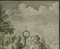 An illustration from Die ihren Gott liebende Seele, vorgestellt in den Sinnbildern des Hermanni Hugonis über seine Pia desideria, und des Ottonis Vaenii, über die Liebe Gottes, mit neuen Kupffern und Versen, welche zielen auf das innere Christenthum, aus dem Frantzösischen ins Teutsche übersetzt (1743)