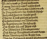 An illustration from Die Jahr Blum, : das ist, Ein kurtzer Auszzug [sic] vnd Begriff ausz vilerley Jüdischen, Griechischen, Romischen vnd Teutschen Scribenten, darin[n]en als in einer ordentlichen vnd verstendigen Summa begriffen seind fast alle Jahren von Erschaffung der Welt an, biss auff diss gegenwertige Jahr. Darauss der Monarchien succession, viler Reich auff vnnd vndergang, nam[m]haffter Völcker vnder Juden, Heiden vnd Christen, Kriegen vnnd Thaten: Berhümpter Personen als Potentaten, Heerführer, Tyrannen, Martyrer, Gelehrten vnd Künstner Geburts, Lebens, vnd Sterbens Jahr, newe Fünd, Geistlicher vnd Politischer Ceremonien auff vnd abbringung, on alle müh mag erlernet werden. Allen frommen Teutschen vnd der Antiquiteten liebhabern zu gefallen in allsolches Handtbüchlein zusamen gelesen, welches zuuor also nie in Truck aussgangen, vnd in lustige Reimen verfasset, (1595)