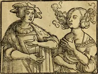 An illustration from Die Kunst der Chiromantzey : vsz Besehung der Hend. Physiognomey / vsz Anblick des Menschens. Natürlichen Astrologey noch dem Lauff der Soñen. Complexion eins yegklichen Menschens. Natürlichen Ynflüssz der Planeten. der zwolff Zeichen Angesychten. Ettliche Canones / zu Erkantnüsz der Menschen Kranckheiten / solicher weisz vormals nye beschriben oder gedruckt. Zusamen verordnet / vnd verteütscht durch ... (1523)