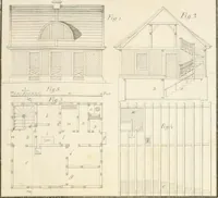 An illustration from Die ländliche und landwirthschaftliche Baukunst von Holz und Brettern : oder die Blockhäuser-Baukunst nach den Regeln der Architektur und Symmetrie systematisch bearbeitet und geordnet ... (1840)