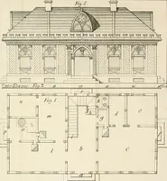 An illustration from Die ländliche und landwirthschaftliche Baukunst von Holz und Brettern : oder die Blockhäuser-Baukunst nach den Regeln der Architektur und Symmetrie systematisch bearbeitet und geordnet ... (1840)