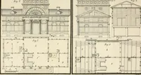 An illustration from Die ländliche und landwirthschaftliche Baukunst von Holz und Brettern : oder die Blockhäuser-Baukunst nach den Regeln der Architektur und Symmetrie systematisch bearbeitet und geordnet ... (1840)