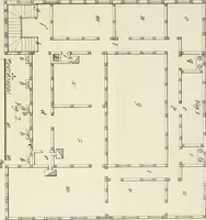 An illustration from Die ländliche und landwirthschaftliche Baukunst von Holz und Brettern : oder die Blockhäuser-Baukunst nach den Regeln der Architektur und Symmetrie systematisch bearbeitet und geordnet ... (1840)