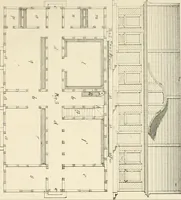 An illustration from Die ländliche und landwirthschaftliche Baukunst von Holz und Brettern : oder die Blockhäuser-Baukunst nach den Regeln der Architektur und Symmetrie systematisch bearbeitet und geordnet ... (1840)