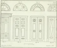 An illustration from Die Mappe des Bautischlers : oder, Ideen zu Thorwegen, Hausthüren, Doppelthüren, Vorsetzern, Stubenthüren, Gewölbethüren, Glasthüren, Bogen- und andern Fenstern, mit ihrem vergrössert dargestellten Grund- und Profilriss und dem beigefügten Maassstabe : zum Gebrauche für Architecten, Decorateurs, Baugewerken, Tischler, Glaser, Bildhauer und Freunde der Baukunst : mit besonderer Rücksicht auf leichte Ausführbarkeit der im Praktischen oft schwer zu hebenden Schwierigkeiten und auf die Anwendung bei alten, neu zu decorirenden Gebäuden : auch als Vorlegeblätter anwendbar (1832)