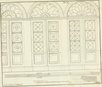 An illustration from Die Mappe des Bautischlers : oder, Ideen zu Thorwegen, Hausthüren, Doppelthüren, Vorsetzern, Stubenthüren, Gewölbethüren, Glasthüren, Bogen- und andern Fenstern, mit ihrem vergrössert dargestellten Grund- und Profilriss und dem beigefügten Maassstabe : zum Gebrauche für Architecten, Decorateurs, Baugewerken, Tischler, Glaser, Bildhauer und Freunde der Baukunst : mit besonderer Rücksicht auf leichte Ausführbarkeit der im Praktischen oft schwer zu hebenden Schwierigkeiten und auf die Anwendung bei alten, neu zu decorirenden Gebäuden : auch als Vorlegeblätter anwendbar (1832)