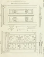 An illustration from Die Mappe des Bautischlers : oder, Ideen zu Thorwegen, Hausthüren, Doppelthüren, Vorsetzern, Stubenthüren, Gewölbethüren, Glasthüren, Bogen- und andern Fenstern, mit ihrem vergrössert dargestellten Grund- und Profilriss und dem beigefügten Maassstabe : zum Gebrauche für Architecten, Decorateurs, Baugewerken, Tischler, Glaser, Bildhauer und Freunde der Baukunst : mit besonderer Rücksicht auf leichte Ausführbarkeit der im Praktischen oft schwer zu hebenden Schwierigkeiten und auf die Anwendung bei alten, neu zu decorirenden Gebäuden : auch als Vorlegeblätter anwendbar (1832)