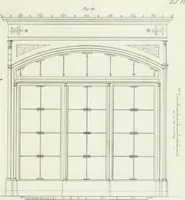 An illustration from Die Mappe des Bautischlers : oder, Ideen zu Thorwegen, Hausthüren, Doppelthüren, Vorsetzern, Stubenthüren, Gewölbethüren, Glasthüren, Bogen- und andern Fenstern, mit ihrem vergrössert dargestellten Grund- und Profilriss und dem beigefügten Maassstabe : zum Gebrauche für Architecten, Decorateurs, Baugewerken, Tischler, Glaser, Bildhauer und Freunde der Baukunst : mit besonderer Rücksicht auf leichte Ausführbarkeit der im Praktischen oft schwer zu hebenden Schwierigkeiten und auf die Anwendung bei alten, neu zu decorirenden Gebäuden : auch als Vorlegeblätter anwendbar (1832)