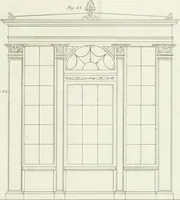 An illustration from Die Mappe des Bautischlers : oder, Ideen zu Thorwegen, Hausthüren, Doppelthüren, Vorsetzern, Stubenthüren, Gewölbethüren, Glasthüren, Bogen- und andern Fenstern, mit ihrem vergrössert dargestellten Grund- und Profilriss und dem beigefügten Maassstabe : zum Gebrauche für Architecten, Decorateurs, Baugewerken, Tischler, Glaser, Bildhauer und Freunde der Baukunst : mit besonderer Rücksicht auf leichte Ausführbarkeit der im Praktischen oft schwer zu hebenden Schwierigkeiten und auf die Anwendung bei alten, neu zu decorirenden Gebäuden : auch als Vorlegeblätter anwendbar (1832)