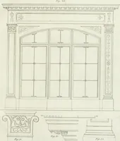 An illustration from Die Mappe des Bautischlers : oder, Ideen zu Thorwegen, Hausthüren, Doppelthüren, Vorsetzern, Stubenthüren, Gewölbethüren, Glasthüren, Bogen- und andern Fenstern, mit ihrem vergrössert dargestellten Grund- und Profilriss und dem beigefügten Maassstabe : zum Gebrauche für Architecten, Decorateurs, Baugewerken, Tischler, Glaser, Bildhauer und Freunde der Baukunst : mit besonderer Rücksicht auf leichte Ausführbarkeit der im Praktischen oft schwer zu hebenden Schwierigkeiten und auf die Anwendung bei alten, neu zu decorirenden Gebäuden : auch als Vorlegeblätter anwendbar (1832)