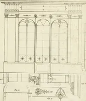 An illustration from Die Mappe des Bautischlers : oder, Ideen zu Thorwegen, Hausthüren, Doppelthüren, Vorsetzern, Stubenthüren, Gewölbethüren, Glasthüren, Bogen- und andern Fenstern, mit ihrem vergrössert dargestellten Grund- und Profilriss und dem beigefügten Maassstabe : zum Gebrauche für Architecten, Decorateurs, Baugewerken, Tischler, Glaser, Bildhauer und Freunde der Baukunst : mit besonderer Rücksicht auf leichte Ausführbarkeit der im Praktischen oft schwer zu hebenden Schwierigkeiten und auf die Anwendung bei alten, neu zu decorirenden Gebäuden : auch als Vorlegeblätter anwendbar (1832)
