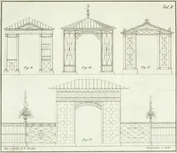An illustration from Die Mappe des Bautischlers : oder, Ideen zu Thorwegen, Hausthüren, Doppelthüren, Vorsetzern, Stubenthüren, Gewölbethüren, Glasthüren, Bogen- und andern Fenstern, mit ihrem vergrössert dargestellten Grund- und Profilriss und dem beigefügten Maassstabe : zum Gebrauche für Architecten, Decorateurs, Baugewerken, Tischler, Glaser, Bildhauer und Freunde der Baukunst : mit besonderer Rücksicht auf leichte Ausführbarkeit der im Praktischen oft schwer zu hebenden Schwierigkeiten und auf die Anwendung bei alten, neu zu decorirenden Gebäuden : auch als Vorlegeblätter anwendbar (1832)