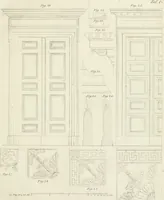 An illustration from Die Mappe des Bautischlers : oder, Ideen zu Thorwegen, Hausthüren, Doppelthüren, Vorsetzern, Stubenthüren, Gewölbethüren, Glasthüren, Bogen- und andern Fenstern, mit ihrem vergrössert dargestellten Grund- und Profilriss und dem beigefügten Maassstabe : zum Gebrauche für Architecten, Decorateurs, Baugewerken, Tischler, Glaser, Bildhauer und Freunde der Baukunst : mit besonderer Rücksicht auf leichte Ausführbarkeit der im Praktischen oft schwer zu hebenden Schwierigkeiten und auf die Anwendung bei alten, neu zu decorirenden Gebäuden : auch als Vorlegeblätter anwendbar (1832)