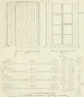 An illustration from Die Mappe des Bautischlers : oder, Ideen zu Thorwegen, Hausthüren, Doppelthüren, Vorsetzern, Stubenthüren, Gewölbethüren, Glasthüren, Bogen- und andern Fenstern, mit ihrem vergrössert dargestellten Grund- und Profilriss und dem beigefügten Maassstabe : zum Gebrauche für Architecten, Decorateurs, Baugewerken, Tischler, Glaser, Bildhauer und Freunde der Baukunst : mit besonderer Rücksicht auf leichte Ausführbarkeit der im Praktischen oft schwer zu hebenden Schwierigkeiten und auf die Anwendung bei alten, neu zu decorirenden Gebäuden : auch als Vorlegeblätter anwendbar (1832)