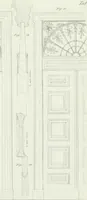 An illustration from Die Mappe des Bautischlers : oder, Ideen zu Thorwegen, Hausthüren, Doppelthüren, Vorsetzern, Stubenthüren, Gewölbethüren, Glasthüren, Bogen- und andern Fenstern, mit ihrem vergrössert dargestellten Grund- und Profilriss und dem beigefügten Maassstabe : zum Gebrauche für Architecten, Decorateurs, Baugewerken, Tischler, Glaser, Bildhauer und Freunde der Baukunst : mit besonderer Rücksicht auf leichte Ausführbarkeit der im Praktischen oft schwer zu hebenden Schwierigkeiten und auf die Anwendung bei alten, neu zu decorirenden Gebäuden : auch als Vorlegeblätter anwendbar (1832)